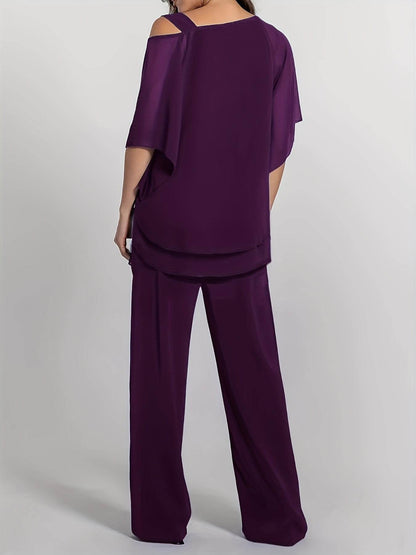Elegant Off-Shoulder Asymmetrical Blouse & Pants Set - Purple Casual - Buy Center
