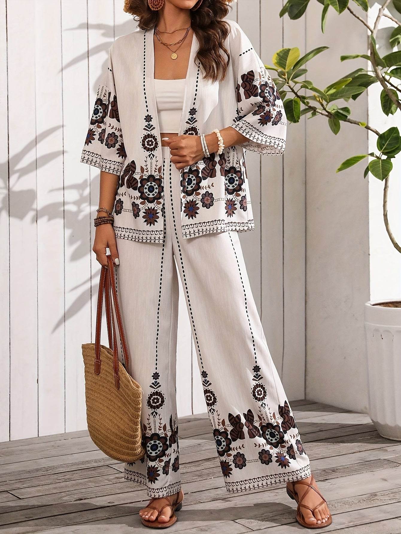 H632 Long Pants Floral Set - Casual Cardigan Collar Style - Buy Center