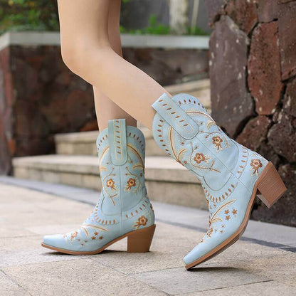 Buycenter Chunky Heel Cowboy Boots - Embroidered Knee-high Woman's Footwear - Buy Center