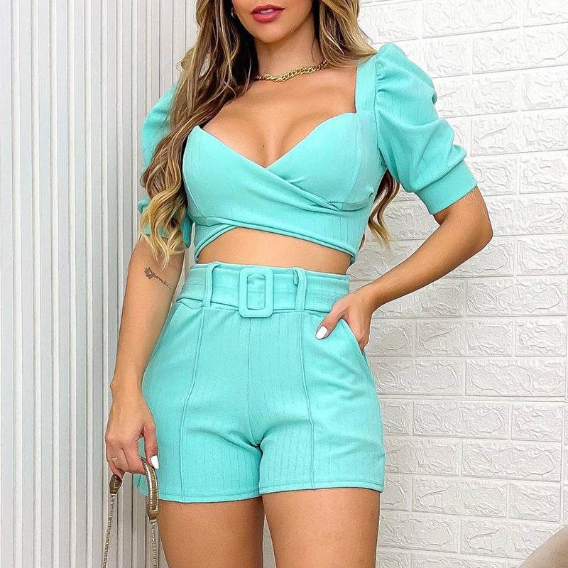 Buycenter Spring Puff Sleeve Short Shirt Jumpsuit - Casual Women's Set - Buy Center