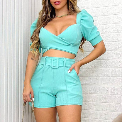 Buycenter Spring Puff Sleeve Short Shirt Jumpsuit - Casual Women's Set - Buy Center