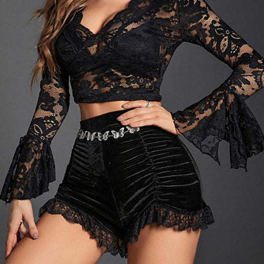 Buycenter High Waist Velvet Pleated Shorts - Dark Gothic Fashion for Women - Buy Center