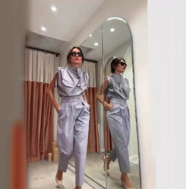 Elegant Shoulder Slimming Jumpsuit Set - Stylish Blouse & Pants Combo - Buy Center