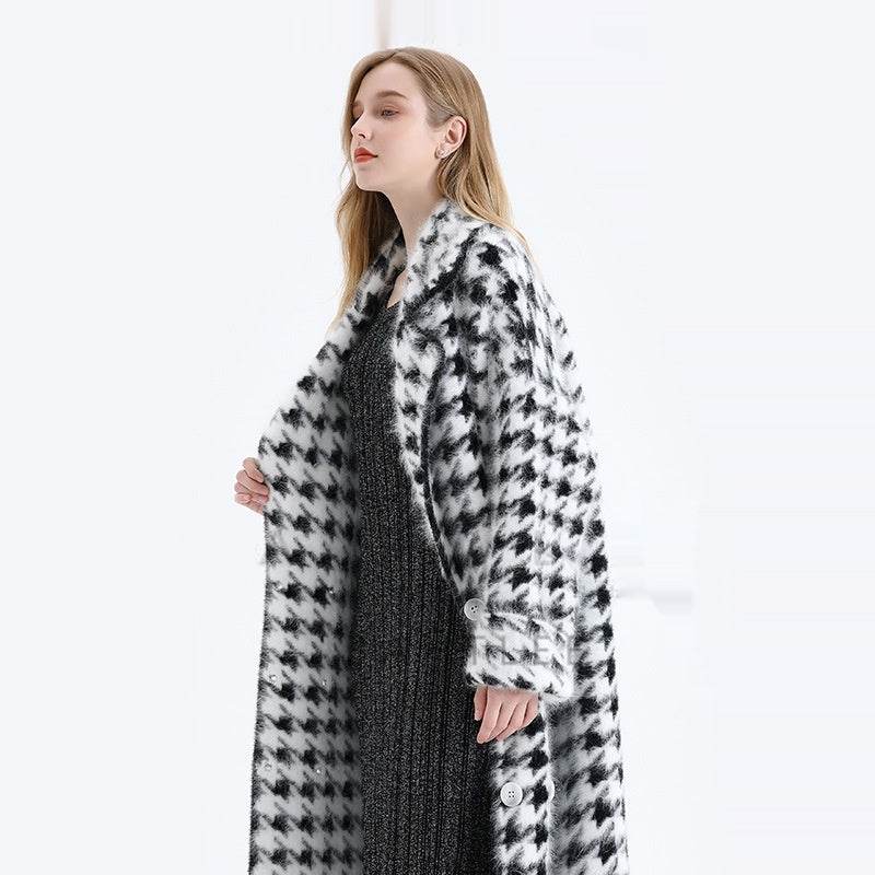 Buycenter Thick Mink Fur Coat for Women - Long Black and White Cardigan - Buy Center
