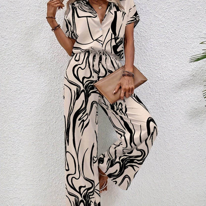 Women's Abstract Print Short Sleeve Shirt & Trousers Set - Casual Style - Buy Center
