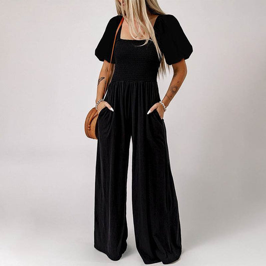 Women's Square Collar Black Jumpsuit - Chic Short Sleeve Design 2025 - Buy Center
