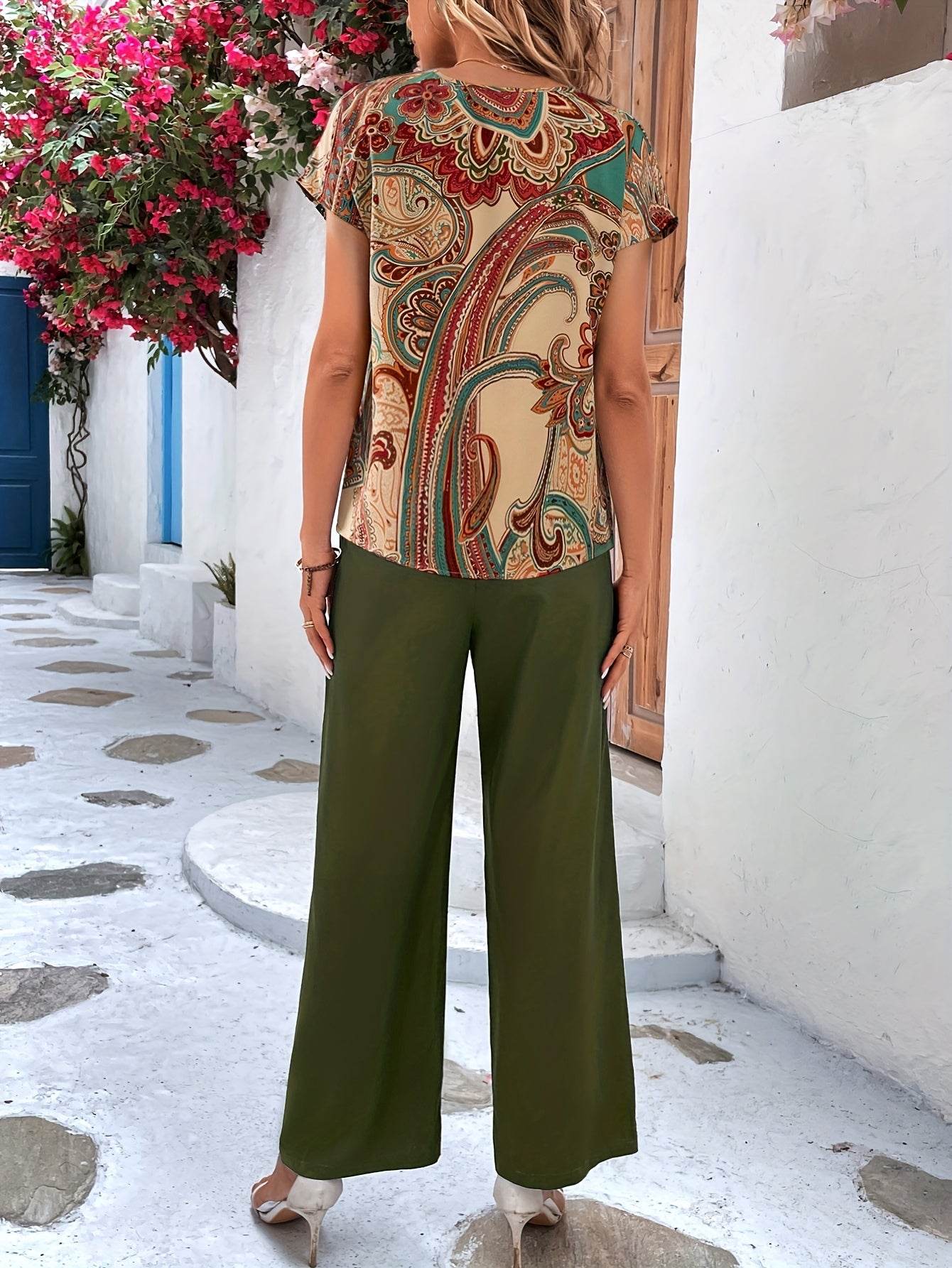 Floral Print Two-Piece Set - V Neck Top & Wide Leg Pants - Buy Center