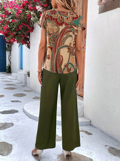 Floral Print Two-Piece Set - V Neck Top & Wide Leg Pants - Buy Center