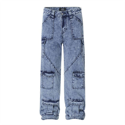 Men's Multi-pocket Washed-out Jeans - Casual Denim Trousers for All Seasons - Buy Center