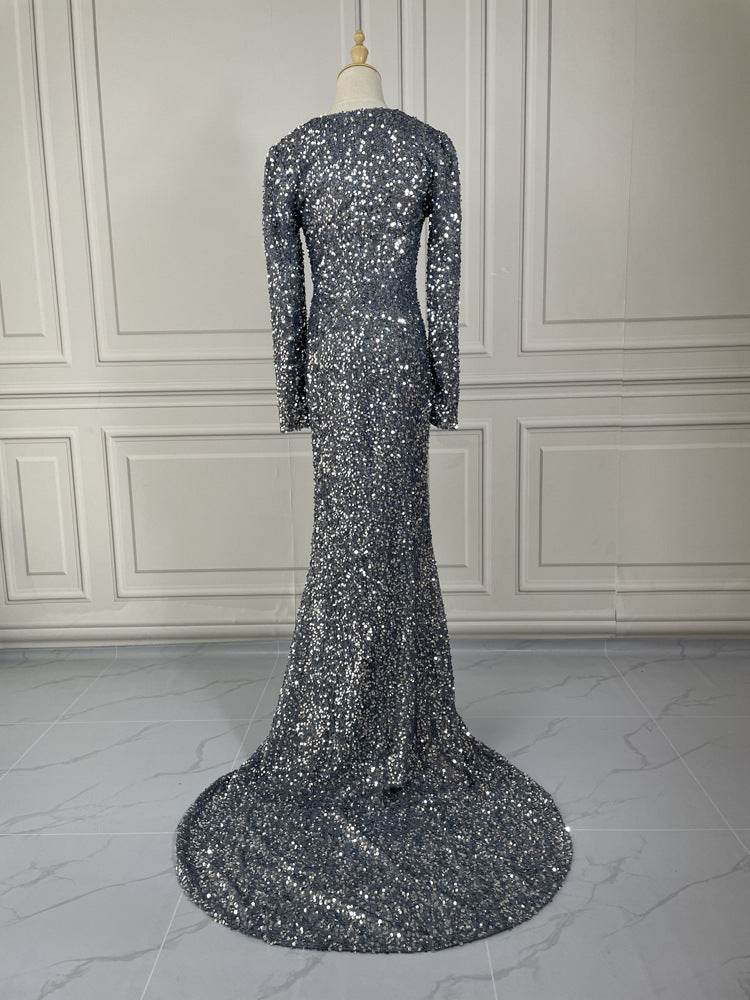 Grey Long Sleeve Sequin Evening Dress - Elegant Prom Gown for Women - Buy Center