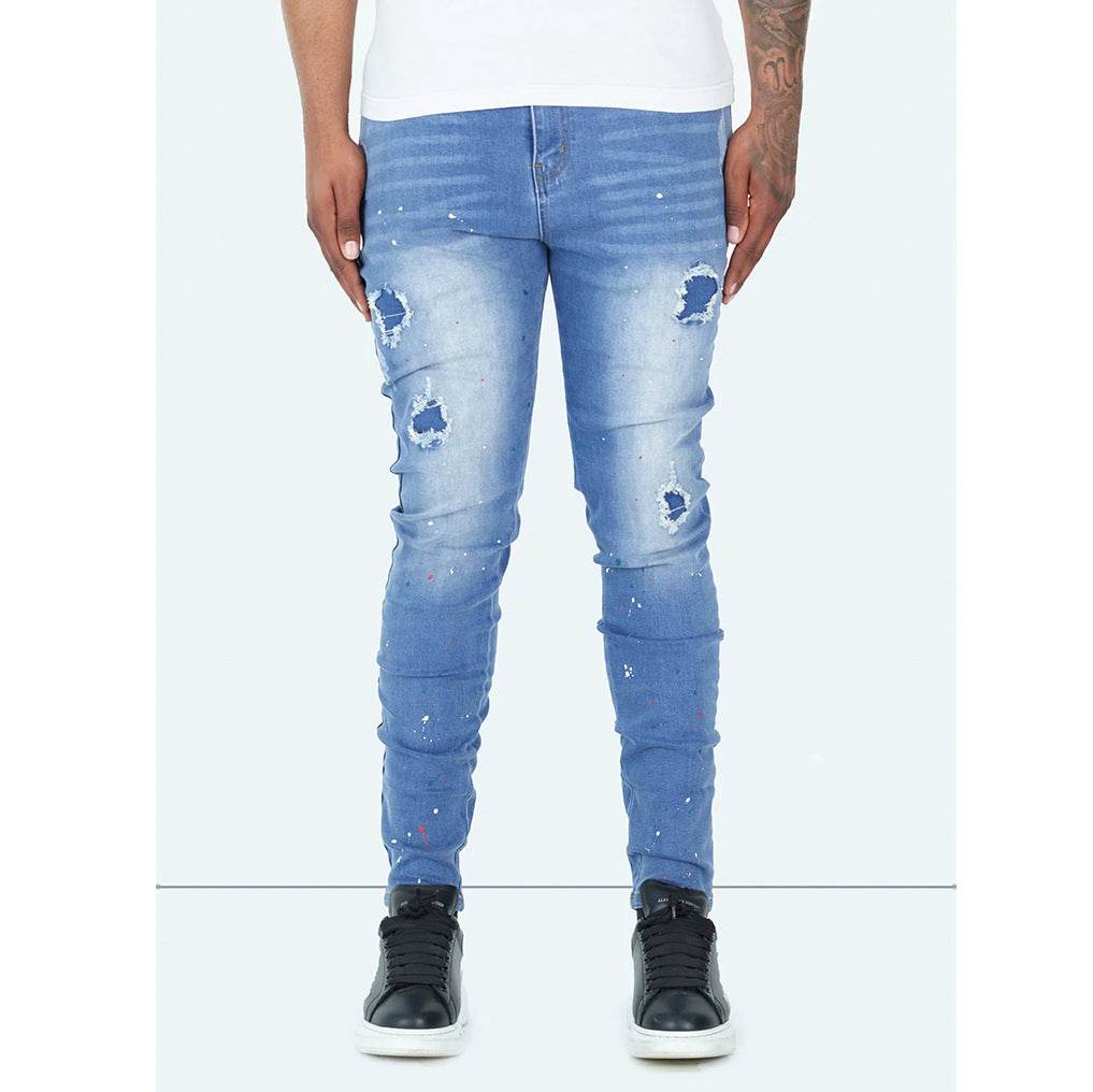 Trendy Splash-Ink Skinny Men's Jeans - Light Blue Low Waist Style - Buy Center