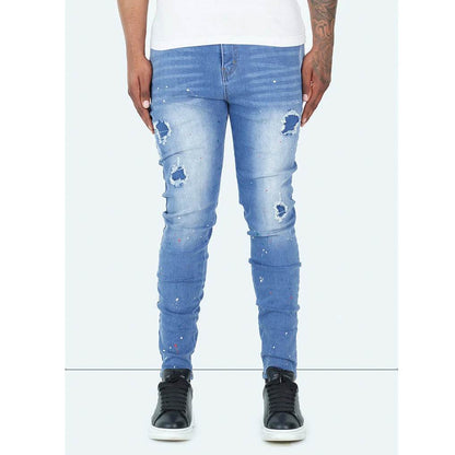 Trendy Splash-Ink Skinny Men's Jeans - Light Blue Low Waist Style - Buy Center