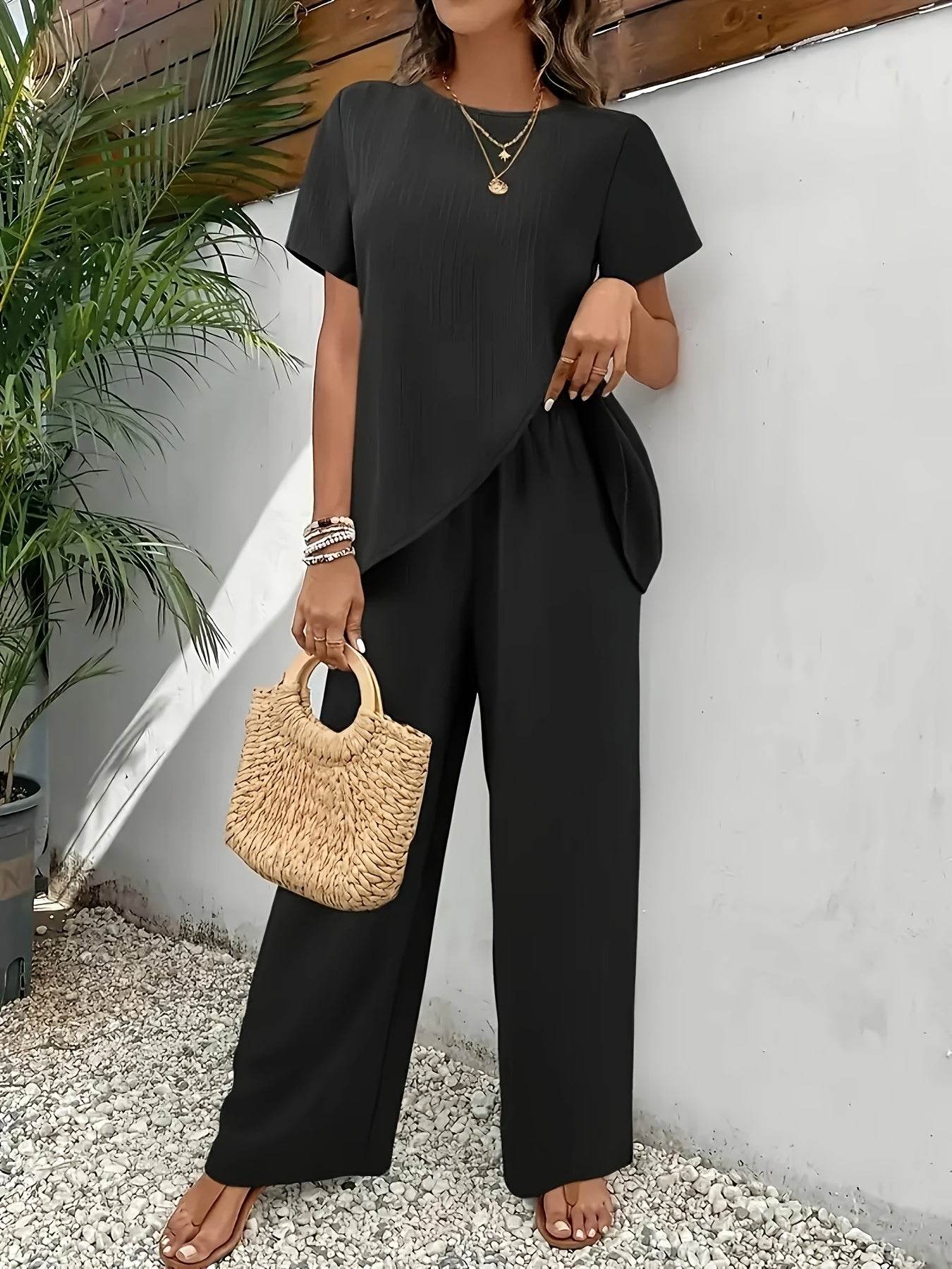 Elegant Two-Piece Set - Asymmetrical Hem Top & Wide-Leg Pants - Buy Center