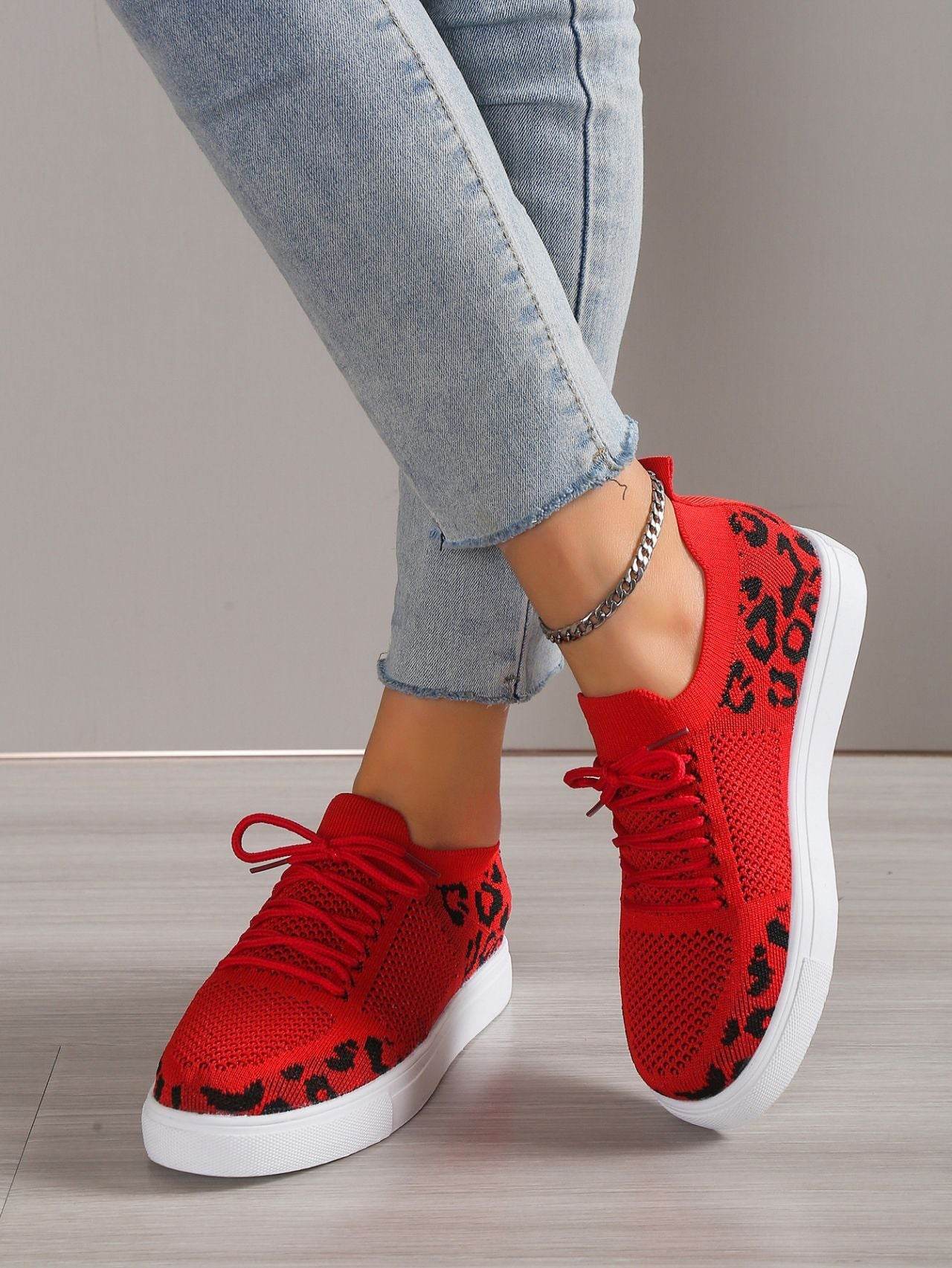 Buycenter Women's Casual Sports Flats - Leopard Print Flyknit Shoes - Buy Center