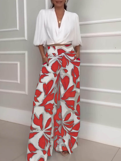Women's Casual Floral Wide Leg Pants & Off-Shoulder Shirt Set - Buy Center
