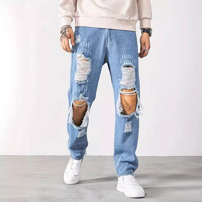 Korean Style Ripped Cropped Pants for Men - Light Blue, Mid Waist Fit - Buy Center