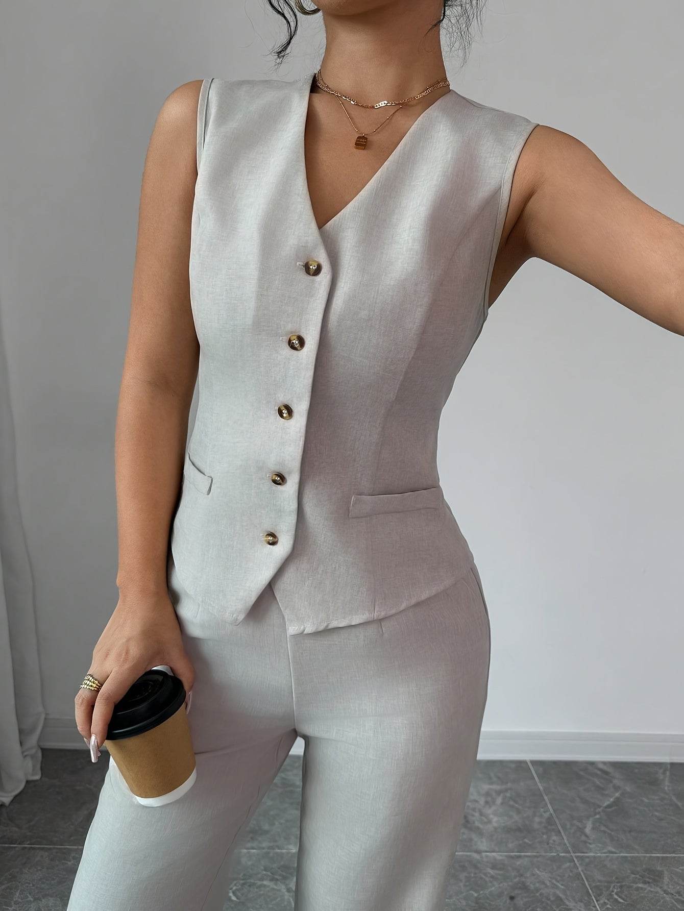 Women's Solid Color Vest & Wide-Leg Pants Set - Elegant Spring Look - Buy Center