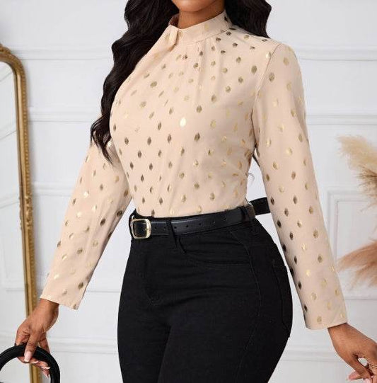 Buycenter Ladies' Polka Dot Long Sleeve Shirt - Casual Pleated Collar - Buy Center