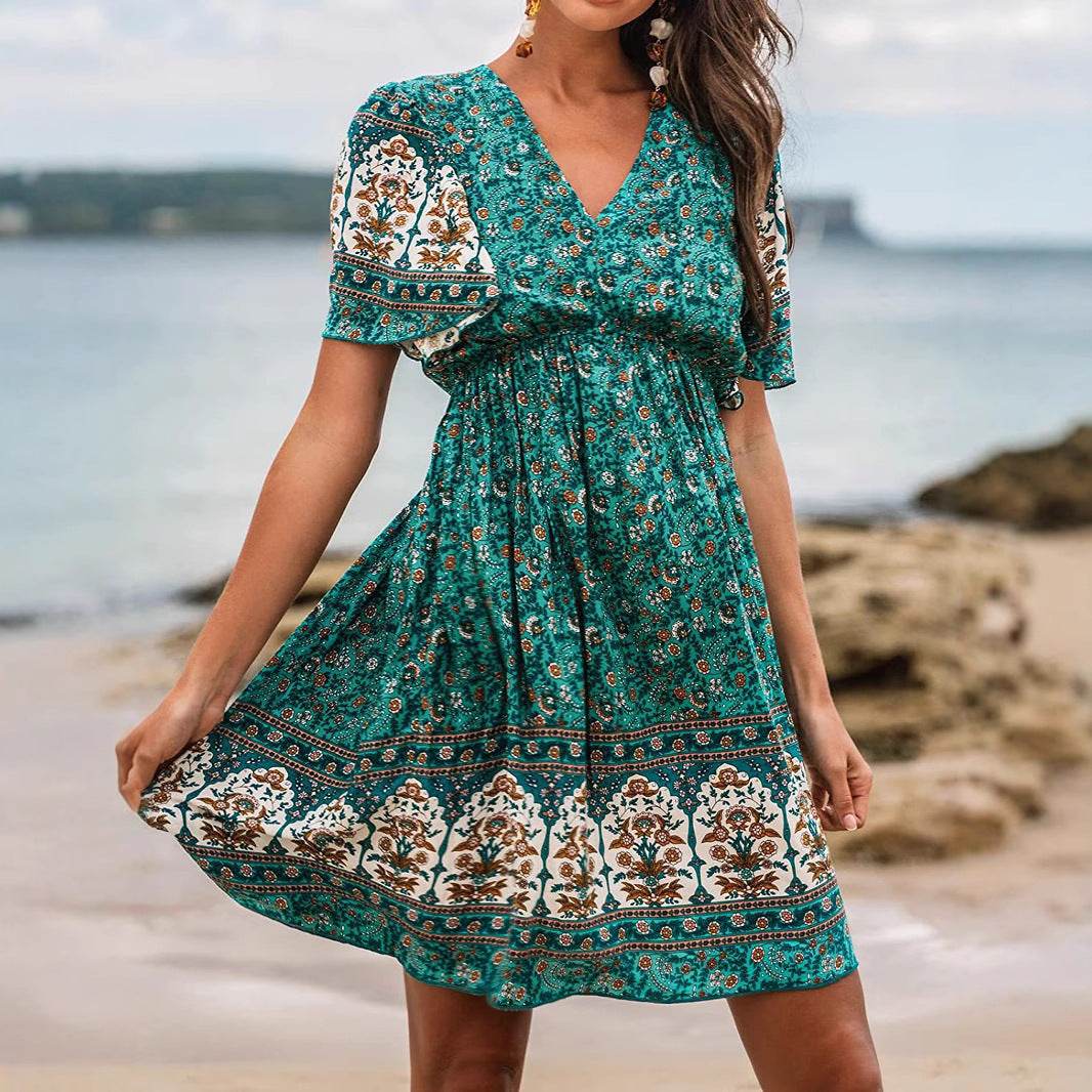 Buycenter Bohemian Green Rayon Dress - Floral High Waist Style - Buy Center