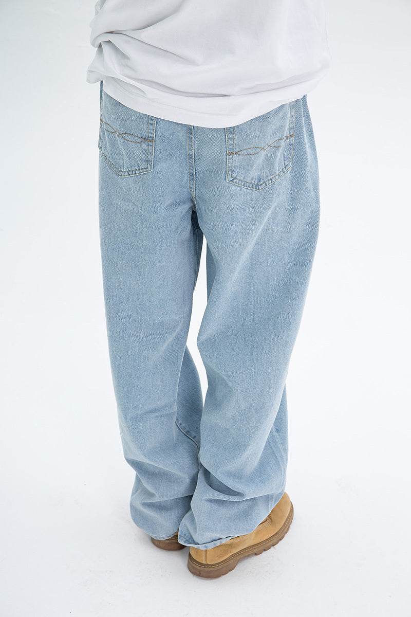 Vintage Washed Blue Skateboarding Jeans - Loose Straight Style for Youth - Buy Center