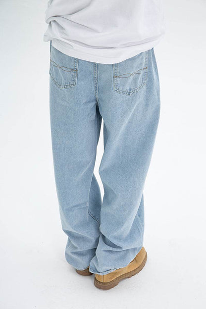 Vintage Washed Blue Skateboarding Jeans - Loose Straight Style for Youth - Buy Center