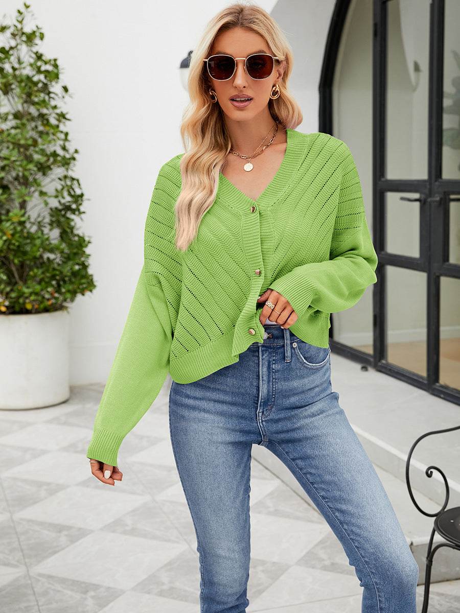 Buycenter V-Neck Hollow Knitted Cardigan - Loose Fit in Macaron Colors - Buy Center