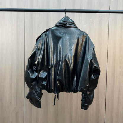 Buy Center Cuffed Collar PU Leather Jacket - Warm Cotton Padded for Winter - Buy Center