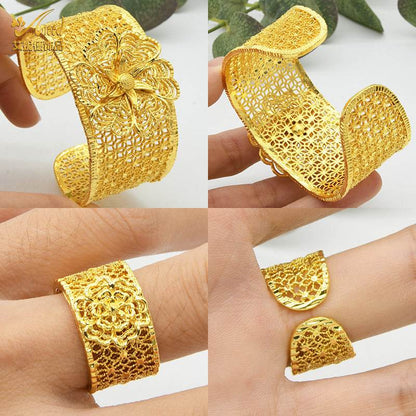 Women's Alluvial Gold Bracelet Ring Set - C-Shaped Ripple Design - Buy Center