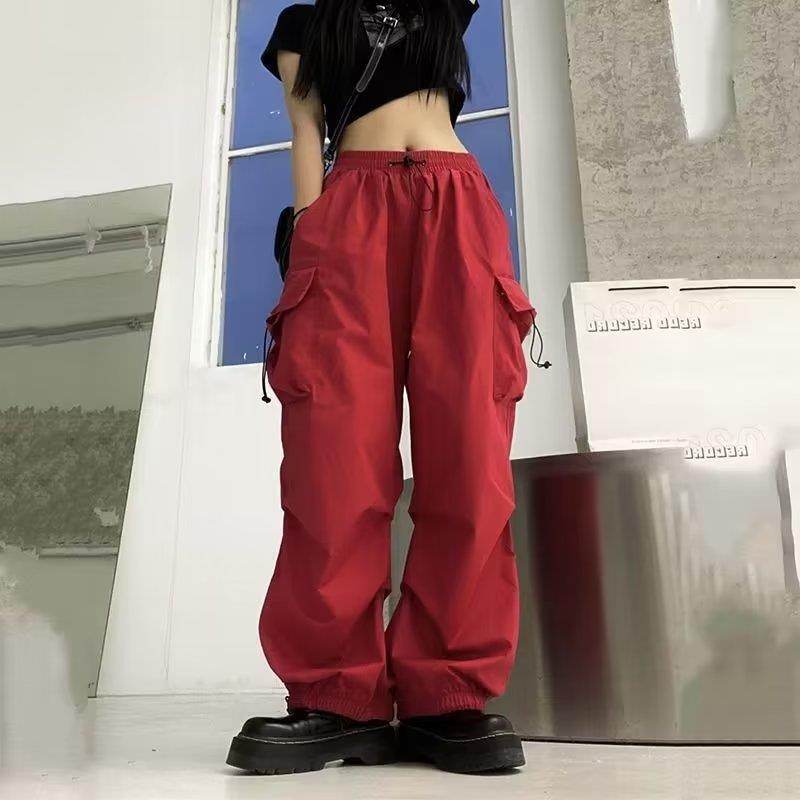 Casual High Waist Wide Leg Cargo Pants - Stylish in Red, Black, Gray - Buy Center