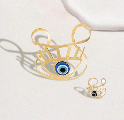 Buycenter 14K Gold Plated Bangle & Adjustable Ring Set - Golden Eye Charm - Buy Center