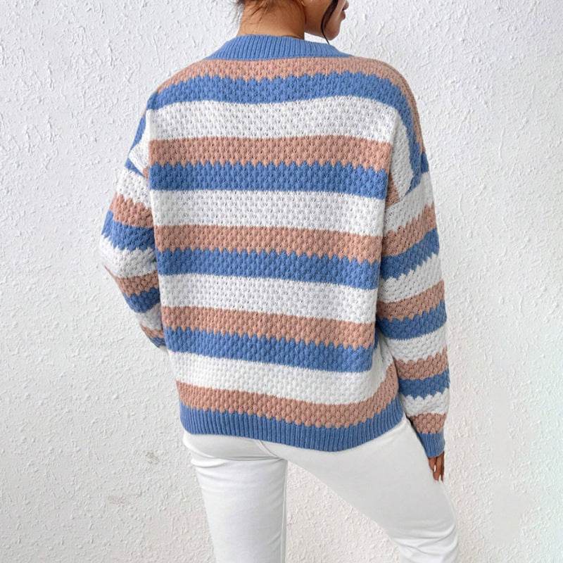 Buycenter Striped Casual Sweater - Round Neck, Long Sleeve for Women - Buy Center