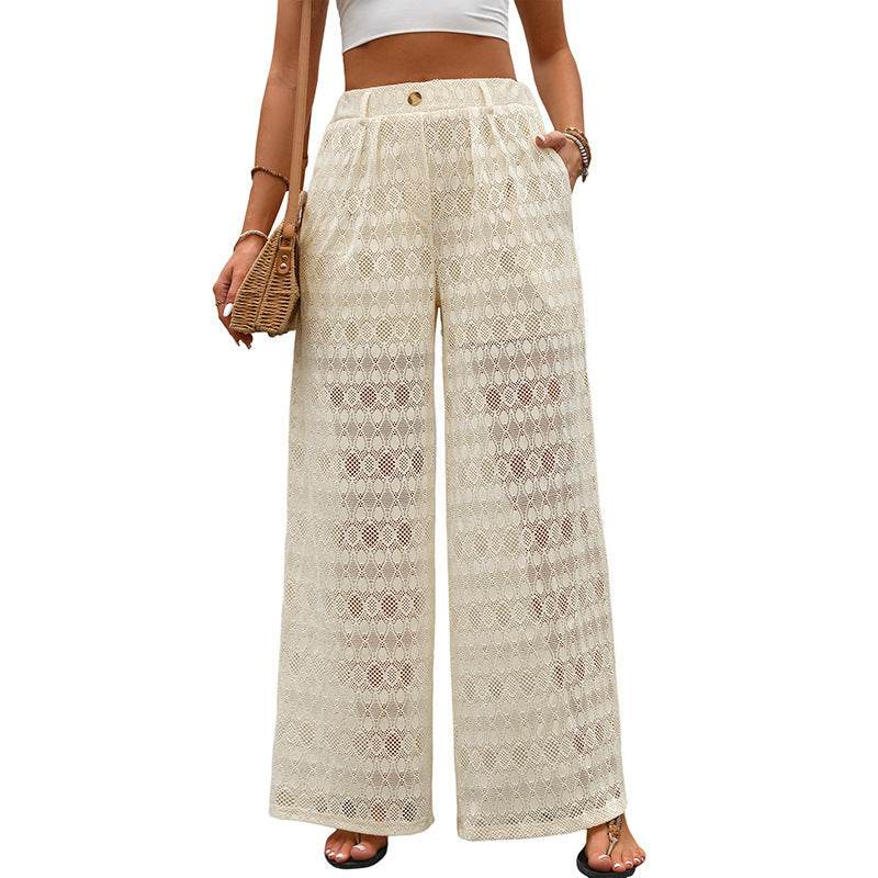 Buycenter Women's High Waist Lace Wide Leg Pants - Elegant Apricot Style - Buy Center