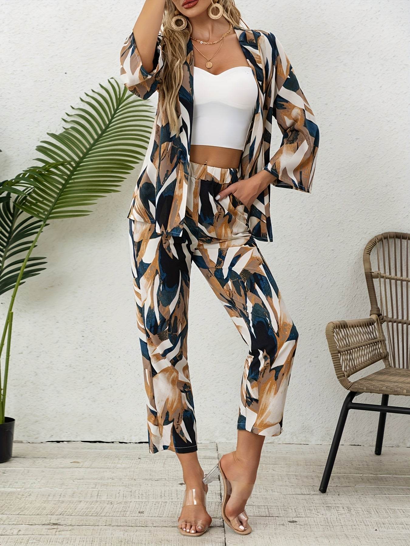 Elegant Leaf Print Two-Piece Set - Chic Blazer & Matching Pants - Buy Center