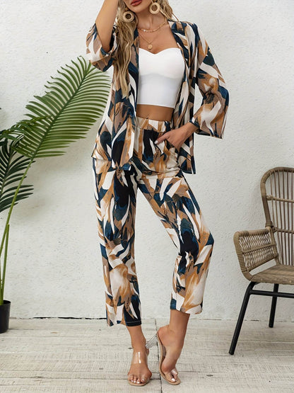 Elegant Leaf Print Two-Piece Set - Chic Blazer & Matching Pants - Buy Center