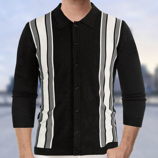 Buycenter Men's Thin Knitted Stripe Shirt - Long Sleeve, Flocking Style - Buy Center