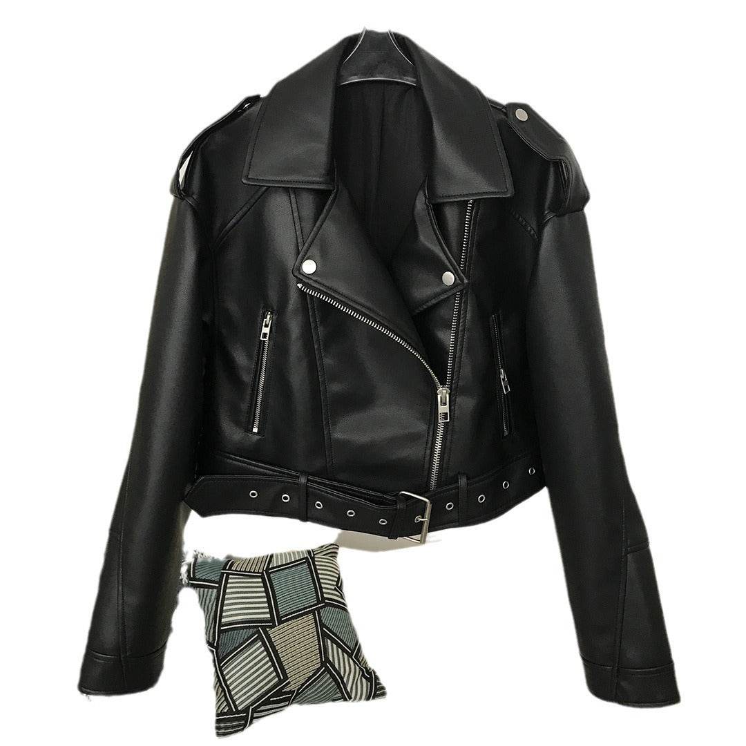 Women's Two-Color Washed Leather Motorcycle Jacket - Slim Fit Stylish Coat - Buy Center