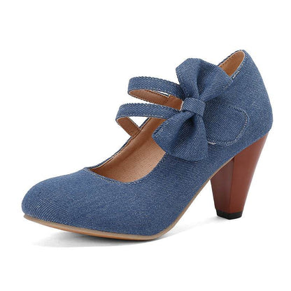 Buycenter Round Toe High Heels Pumps - Stylish Denim Bow Design - Buy Center