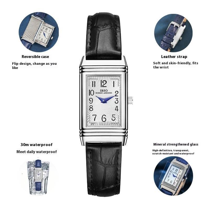 Flip Women's Square Leather Strap Watch - Stylish Silver Case & Comfort - Buy Center