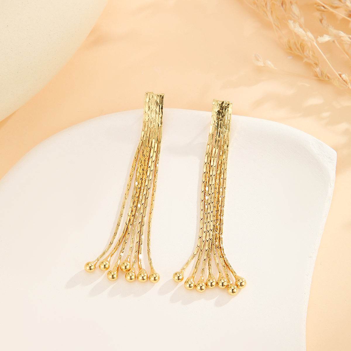 Elegant Gold Bead Tassel Earrings - Modern Design for Any Occasion - Buy Center
