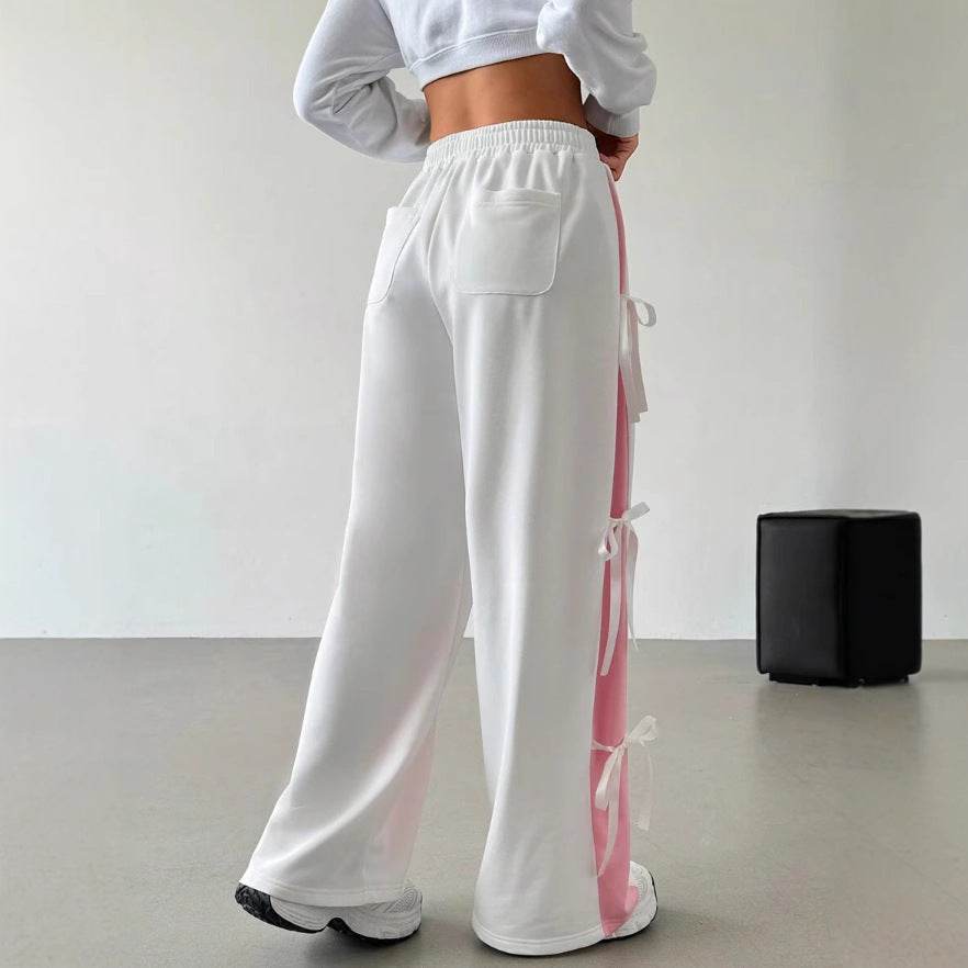 Women's Contrast Color Straight-Leg Trousers - Stylish Mid Rise, Elastic Waist - Buy Center