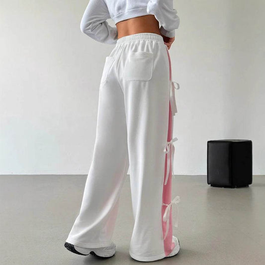 Women's Contrast Color Straight-Leg Trousers - Stylish Mid Rise, Elastic Waist - Buy Center