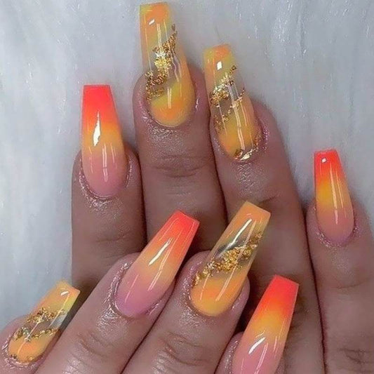 Extra Long Ballerina Fake Nails - 24 Pcs Orange Gradient Gold Foil - Buy Center