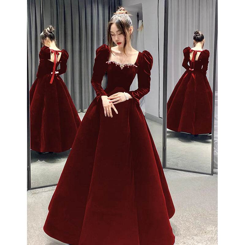 Buycenter Wine Red Long-Sleeved Evening Dress for Women - Elegant Style - Buy Center