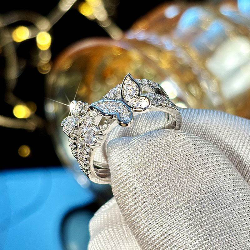 Butterfly Multi-Layer Design Ring - Elegant White Gold with Zircon Inlays - Buy Center