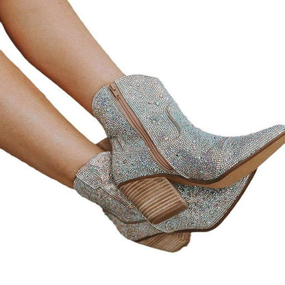 Buycenter Pointed High Heel Ankle Boots - Chunky Rhinestone Design - Buy Center