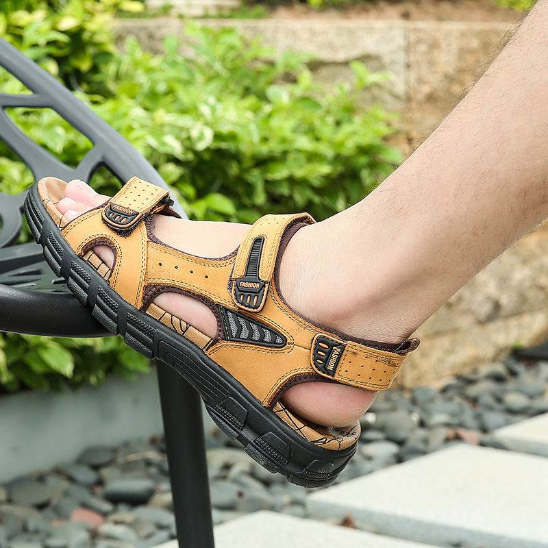 Men's Cowhide Open Toe Sandals - Casual Beach Style with Velcro Straps - Buy Center