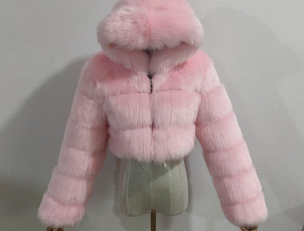 Trendy Short Hood Fox Fur Women's Coat - Stylish Faux Fur & Leather - Buy Center