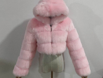 Trendy Short Hood Fox Fur Women's Coat - Stylish Faux Fur & Leather - Buy Center