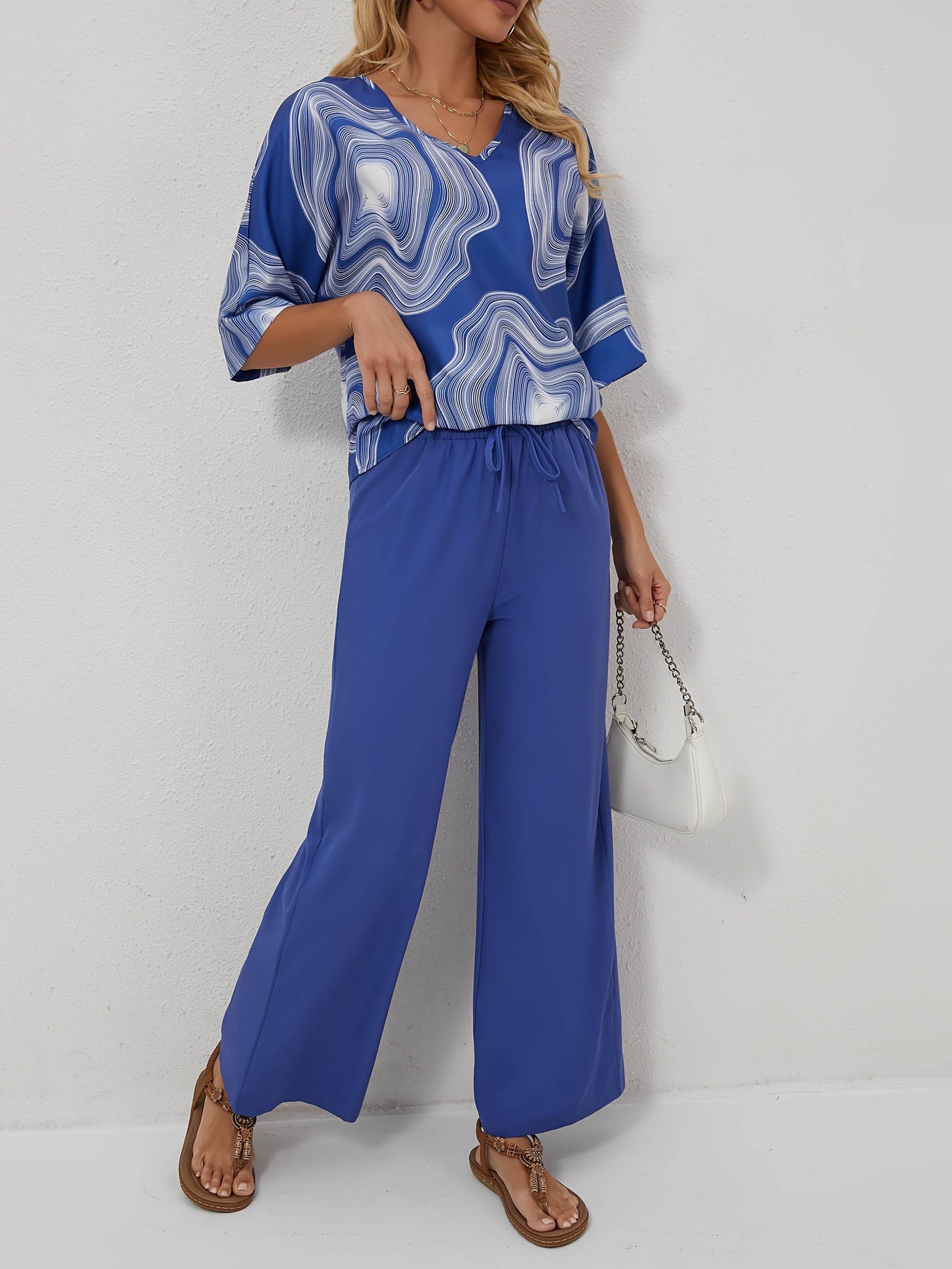 Elegant V-Neck Geometric Pantsuit - 100% Polyester for Spring/Fall - Buy Center