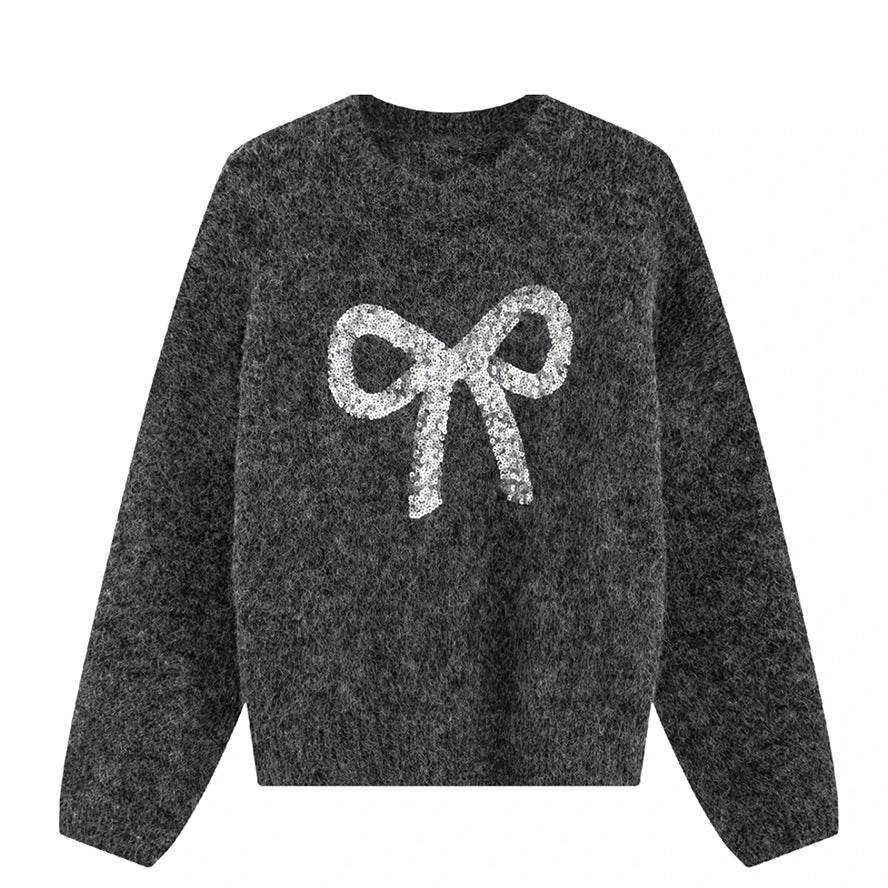 Women's Heavy-Duty Bow Sequined Pullover Sweater - Casual Loose Fit - Buy Center